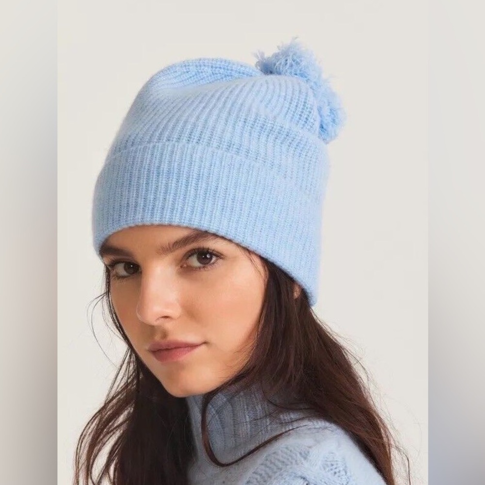 NWT loveshackfancy blue Orah Beanie Pompom Hat